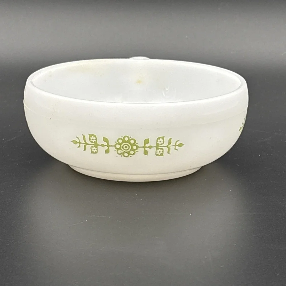 Vintage Glasbake Milk Glass Handled Soup Bowl Green Daisy Floral J-2639 MCM USA